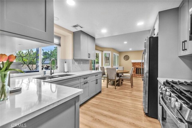 21020 Bryan Cir, Walnut, CA 91789 - kitchen featuring appliances with stainless steel finishes, a sink, gray cabinetry, light wood finished floors, and tasteful backsplash