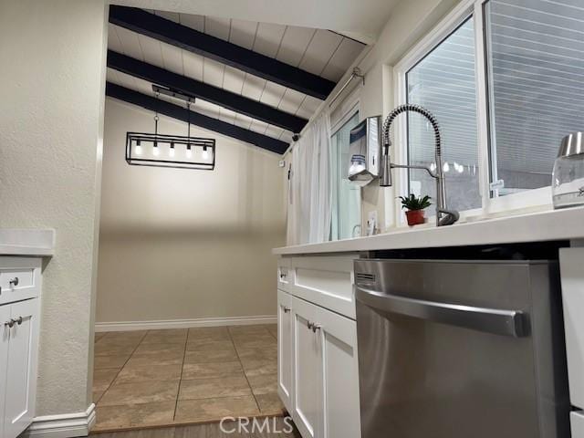 3400 Glasgow Cir, Riverside, CA 92503 - kitchen featuring stainless steel dishwasher, white cabinetry, wood ceiling, baseboards, and light tile patterned floors
