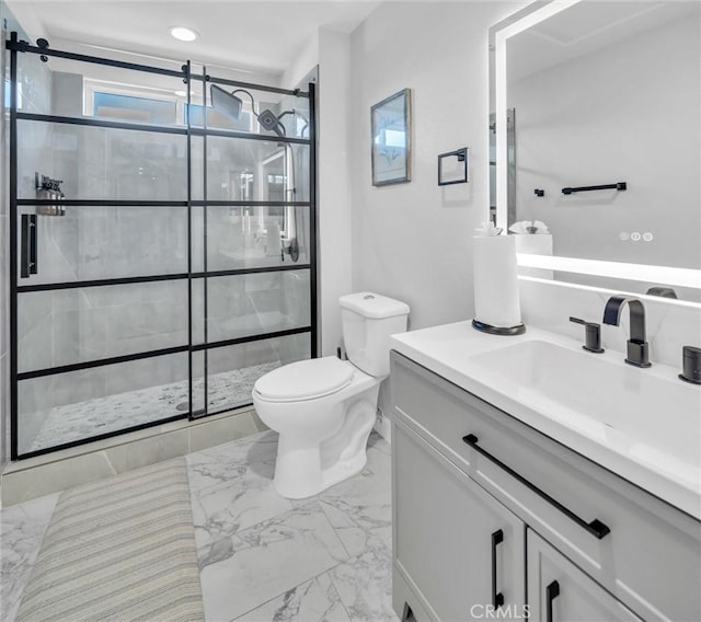 31780 Sierra Del Sol, Thousand Palms, CA 92276 - full bathroom featuring marble look tiles, toilet, vanity, and a stall shower