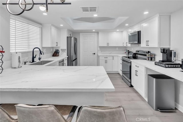 31780 Sierra Del Sol, Thousand Palms, CA 92276 - kitchen with appliances with stainless steel finishes, a sink, a tray ceiling, a peninsula, and light stone counters
