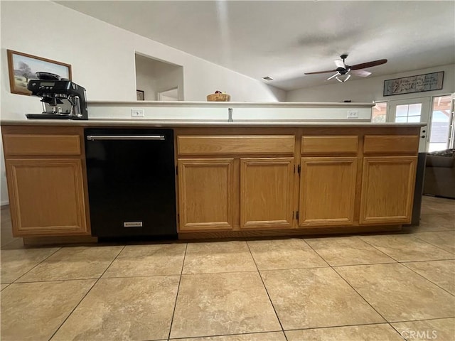24967 Volga St, Hemet, CA 92544 - kitchen featuring black dishwasher, lofted ceiling, a ceiling fan, light tile patterned flooring, and brown cabinets