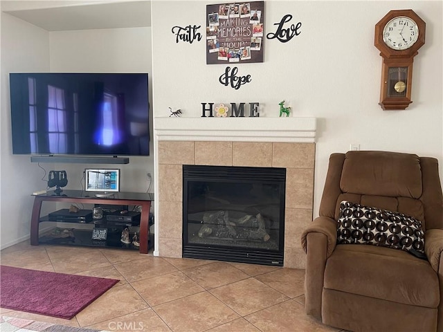 24967 Volga St, Hemet, CA 92544 - living area featuring tile patterned flooring, a tile fireplace, and baseboards