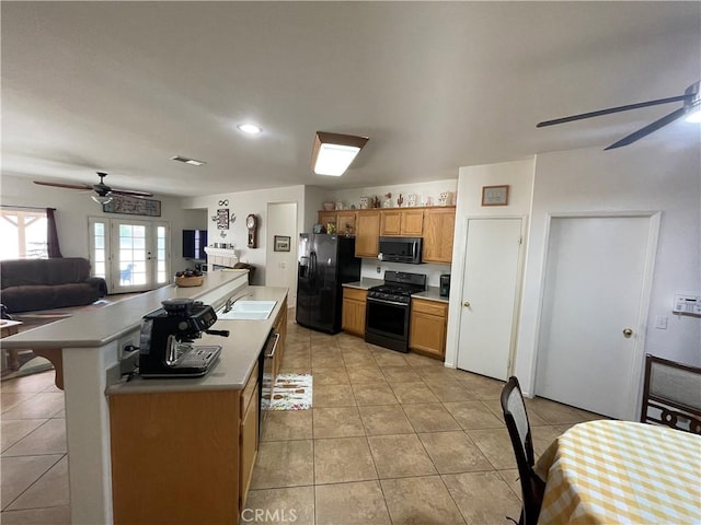 24967 Volga St, Hemet, CA 92544 - kitchen featuring black appliances, ceiling fan, light tile patterned flooring, and open floor plan