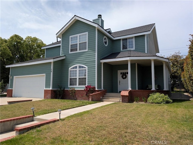 76 Nancy St, Camarillo, CA 93010 - traditional-style house with a garage, a chimney, a front lawn, and covered porch
