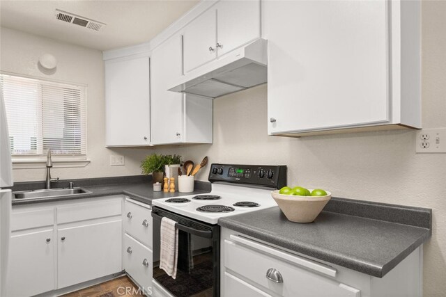 1170 Hobart St, Chico, CA 95926 - kitchen with electric range, under cabinet range hood, a sink, and white cabinets