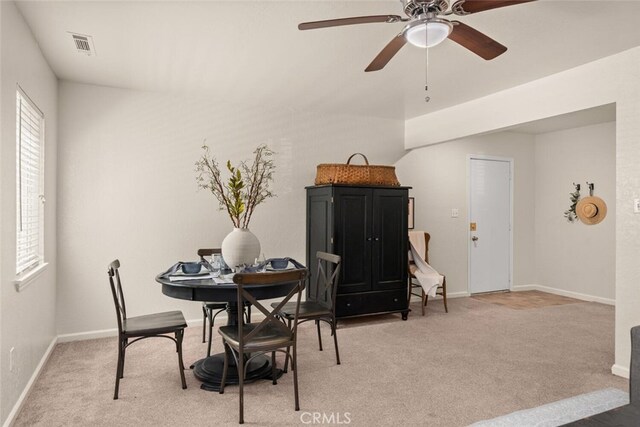 1170 Hobart St, Chico, CA 95926 - dining area featuring light carpet, ceiling fan, and baseboards