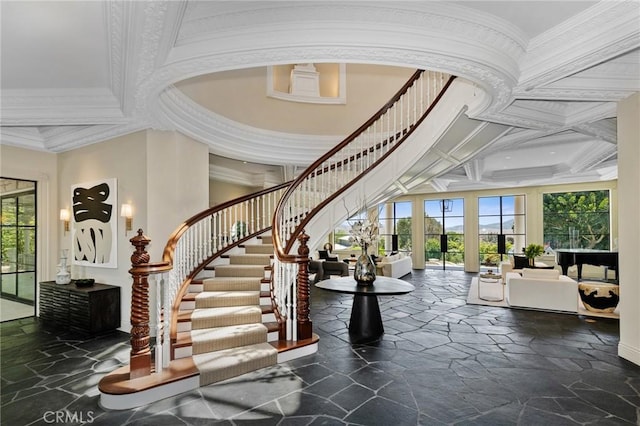 10 Strawberry Ln, San Juan Capistrano, CA 92675 - foyer featuring stone finish flooring, stairs, and ornamental molding