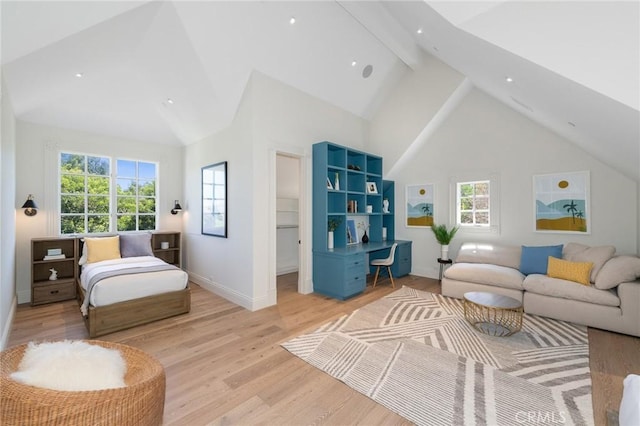 10 Strawberry Ln, San Juan Capistrano, CA 92675 - living room with healthy amount of natural light, light wood-type flooring, high vaulted ceiling, beamed ceiling, and recessed lighting
