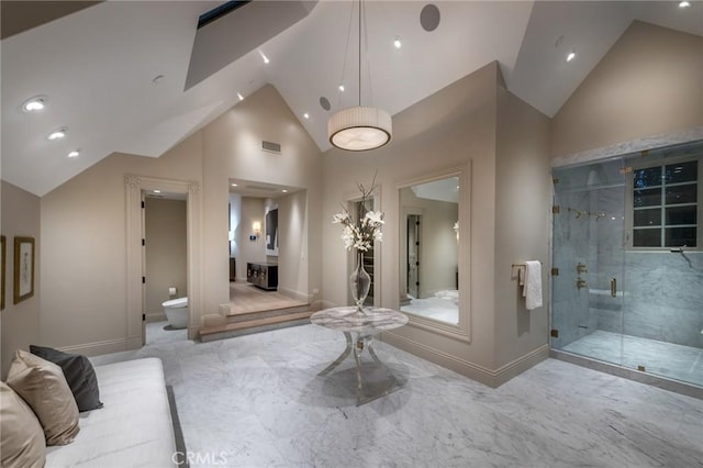10 Strawberry Ln, San Juan Capistrano, CA 92675 - bathroom featuring a marble finish shower, high vaulted ceiling, recessed lighting, and a bidet