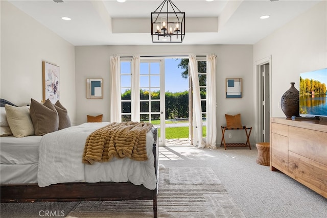 10 Strawberry Ln, San Juan Capistrano, CA 92675 - bedroom with access to exterior, carpet flooring, a raised ceiling, a chandelier, and recessed lighting