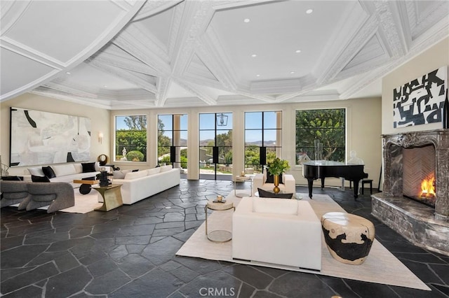 10 Strawberry Ln, San Juan Capistrano, CA 92675 - sunroom with healthy amount of natural light, coffered ceiling, and beamed ceiling