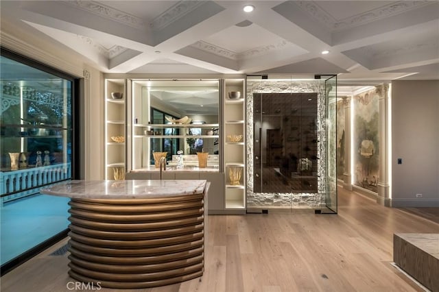 10 Strawberry Ln, San Juan Capistrano, CA 92675 - interior space with coffered ceiling, wood finished floors, built in features, beam ceiling, and ornamental molding