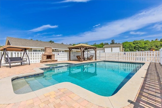 30026 Santiago Rd, Temecula, CA 92592 - view of pool featuring a gazebo, a fenced backyard, a patio area, and a pool with connected hot tub
