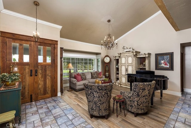 30026 Santiago Rd, Temecula, CA 92592 - living area with a chandelier, crown molding, high vaulted ceiling, and stone finish flooring