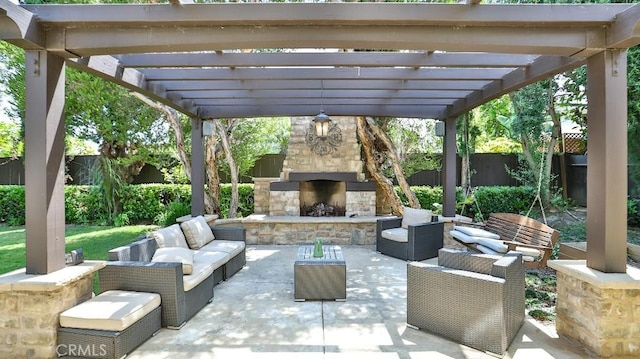 21822 Seacrest Ln, Huntington Beach, CA 92646 - fenced backyard featuring an outdoor living space with a fireplace, a pergola, and a patio