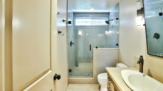 21822 Seacrest Ln, Huntington Beach, CA 92646 - bathroom with toilet, vanity, a stall shower, and tile patterned floors