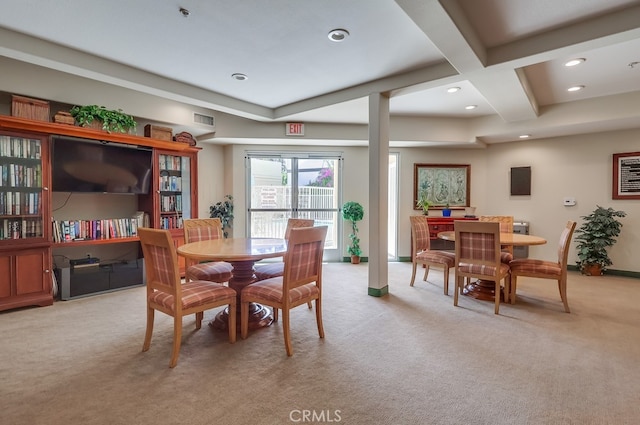 3120 Sepulveda Blvd Unit 312, Torrance, CA 90505 - dining area featuring light colored carpet, recessed lighting, beamed ceiling, baseboards, and coffered ceiling