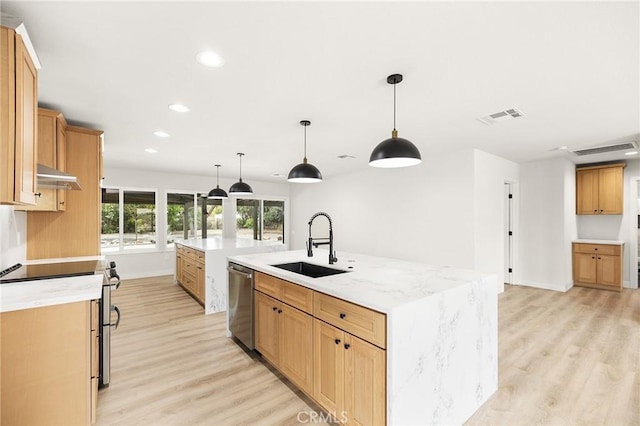27130 Blue Hill Dr, Menifee, CA 92586 - kitchen with appliances with stainless steel finishes, a sink, under cabinet range hood, light wood-type flooring, and recessed lighting