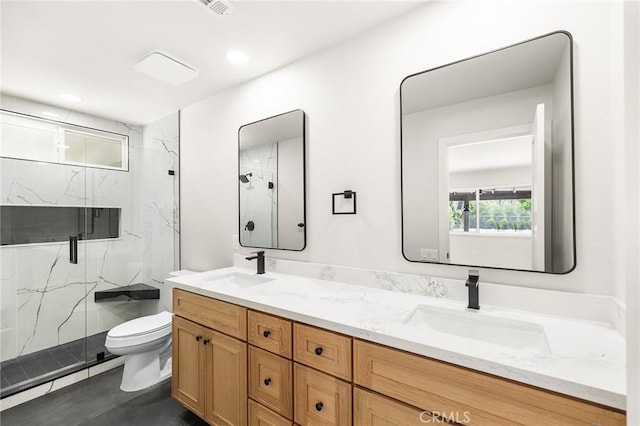 27130 Blue Hill Dr, Menifee, CA 92586 - full bathroom featuring toilet, a marble finish shower, double vanity, and recessed lighting
