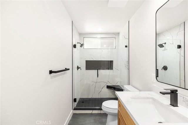 27130 Blue Hill Dr, Menifee, CA 92586 - bathroom featuring toilet, vanity, and a marble finish shower