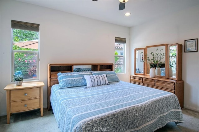 67 Galan St, Rancho Mission Viejo, CA 92694 - bedroom with light carpet, multiple windows, baseboards, ceiling fan, and recessed lighting