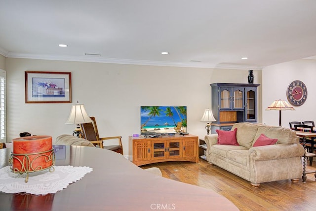 2092 Ronda Granada Unit C, Laguna Woods, CA 92637 - living area with wood finished floors, recessed lighting, and ornamental molding