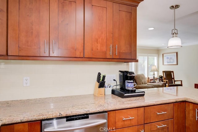 2092 Ronda Granada Unit C, Laguna Woods, CA 92637 - kitchen with dishwasher, ornamental molding, brown cabinets, tasteful backsplash, and decorative light fixtures