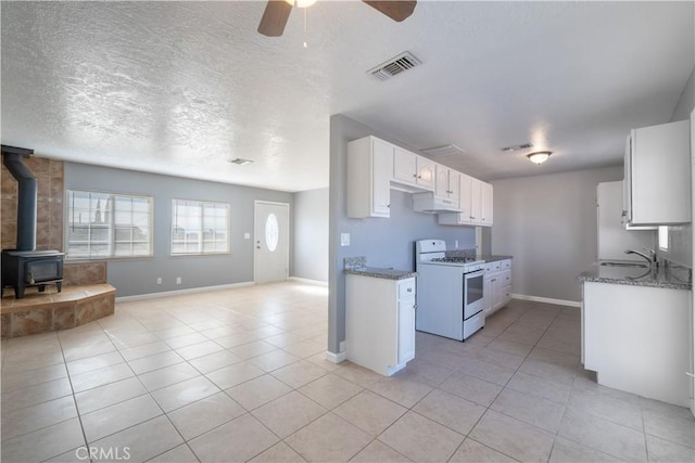 11314 Mariposa Rd, Hesperia, CA 92345 - kitchen featuring white gas range oven, open floor plan, a sink, a wood stove, and baseboards