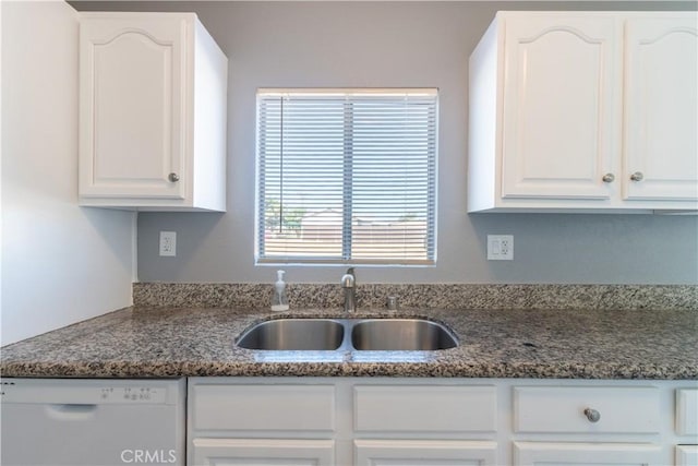 11314 Mariposa Rd, Hesperia, CA 92345 - kitchen with a sink, white dishwasher, white cabinetry, and dark stone countertops