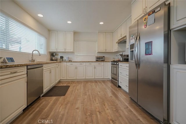 318 S Lucia Ave, Redondo Beach, CA 90277 - kitchen featuring appliances with stainless steel finishes, under cabinet range hood, light wood-style flooring, recessed lighting, and backsplash