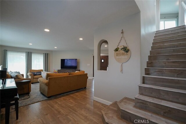 318 S Lucia Ave, Redondo Beach, CA 90277 - living room featuring stairway, healthy amount of natural light, wood finished floors, baseboards, and recessed lighting