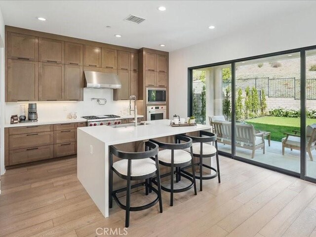 18814 Annmae Pl, Saugus, CA 91350 - kitchen with range hood, appliances with stainless steel finishes, light wood-style floors, plenty of natural light, and recessed lighting