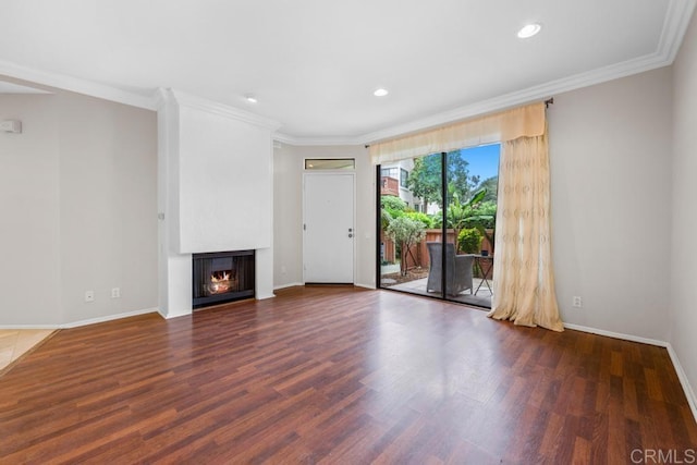 4075 Carmel View Rd Unit 11, San Diego, CA 92130 - unfurnished living room with wood finished floors, baseboards, a warm lit fireplace, ornamental molding, and recessed lighting