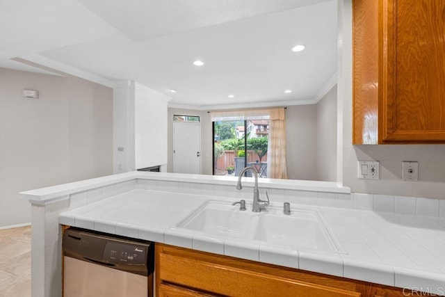 4075 Carmel View Rd Unit 11, San Diego, CA 92130 - kitchen featuring dishwasher, ornamental molding, a sink, recessed lighting, and brown cabinetry