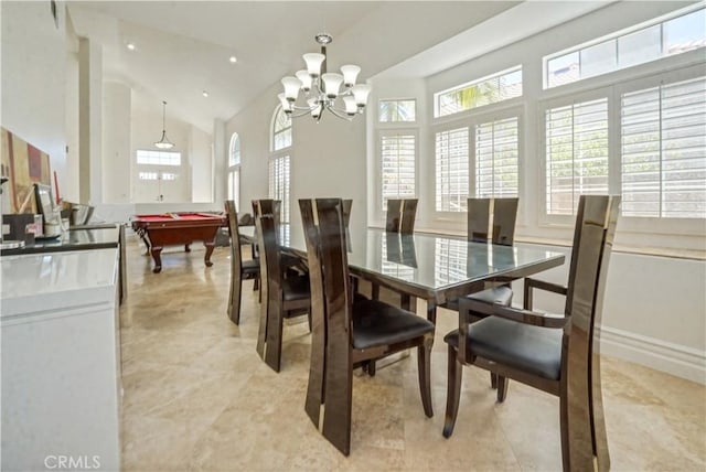 25792 Maple View Dr, Laguna Hills, CA 92653 - dining room featuring pool table, a chandelier, high vaulted ceiling, and light tile patterned floors