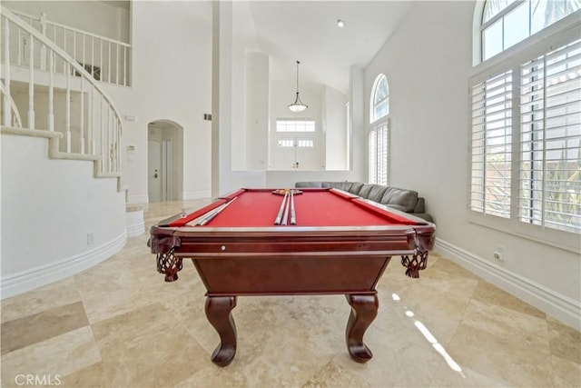 25792 Maple View Dr, Laguna Hills, CA 92653 - rec room featuring high vaulted ceiling, arched walkways, baseboards, pool table, and tile patterned floors
