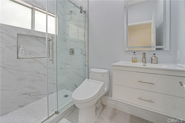 25792 Maple View Dr, Laguna Hills, CA 92653 - bathroom featuring a marble finish shower, toilet, vanity, and baseboards