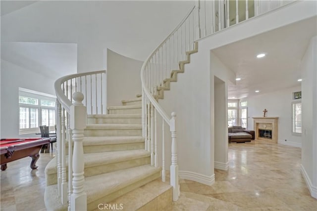 25792 Maple View Dr, Laguna Hills, CA 92653 - stairway with a towering ceiling, billiards, recessed lighting, baseboards, and marble tiled flooring