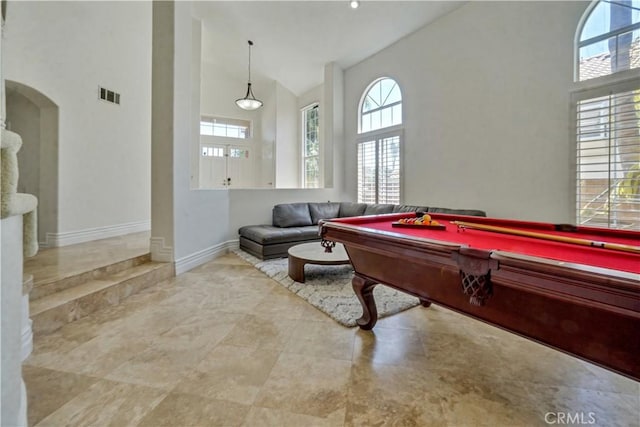 25792 Maple View Dr, Laguna Hills, CA 92653 - playroom with high vaulted ceiling, plenty of natural light, arched walkways, and billiards table