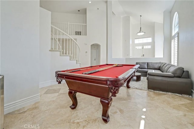 25792 Maple View Dr, Laguna Hills, CA 92653 - recreation room with high vaulted ceiling, pool table, arched walkways, and baseboards