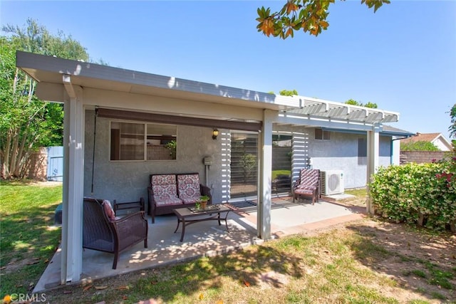 28015 Tupelo Ridge Dr, Valencia, CA 91354 - back of property featuring a pergola, a patio area, outdoor lounge area, stucco siding, and ac unit