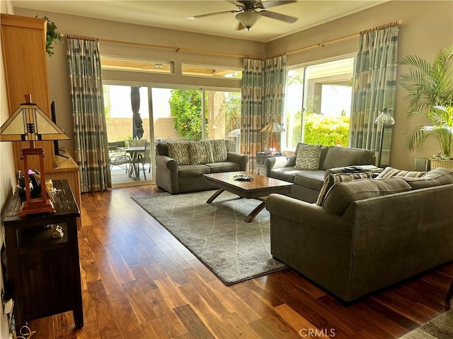 5836 Indian Canyon Dr, Banning, CA 92220 - living area with ceiling fan and wood finished floors