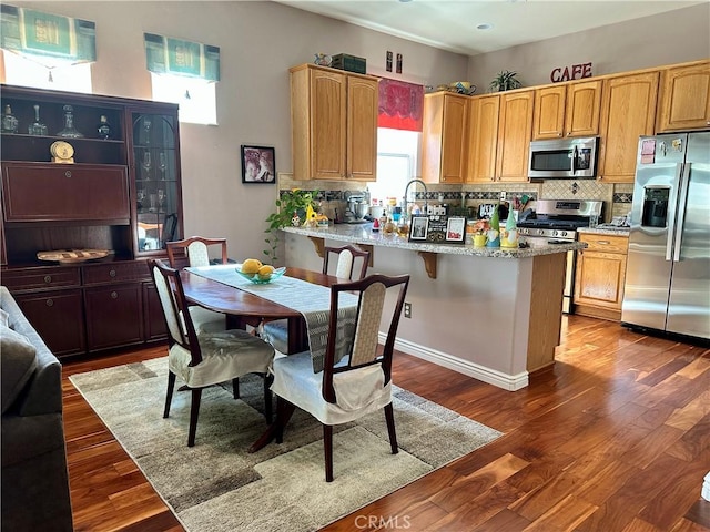 5836 Indian Canyon Dr, Banning, CA 92220 - kitchen featuring appliances with stainless steel finishes, tasteful backsplash, a peninsula, and wood finished floors