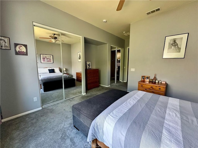 5836 Indian Canyon Dr, Banning, CA 92220 - carpeted bedroom featuring a ceiling fan, a closet, and baseboards