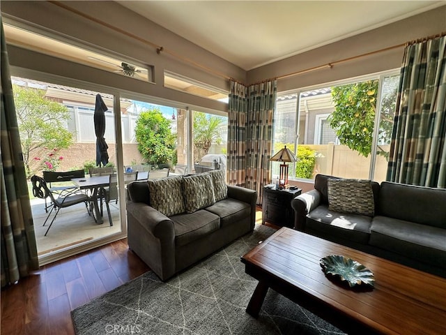 5836 Indian Canyon Dr, Banning, CA 92220 - living room with healthy amount of natural light, dark wood-style flooring, and a ceiling fan