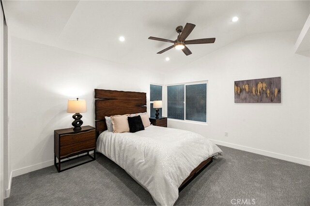 12573 Brickellia St, San Diego, CA 92129 - bedroom with vaulted ceiling, baseboards, recessed lighting, dark carpet, and ceiling fan