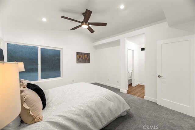 12573 Brickellia St, San Diego, CA 92129 - carpeted bedroom with lofted ceiling, recessed lighting, a ceiling fan, connected bathroom, and baseboards