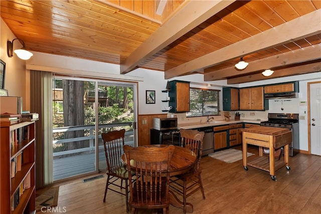 535 Pioneer Rd, Lake Arrowhead, CA 92352 - dining room with plenty of natural light, a wood ceiling with exposed beams, light wood finished floors, and wainscoting