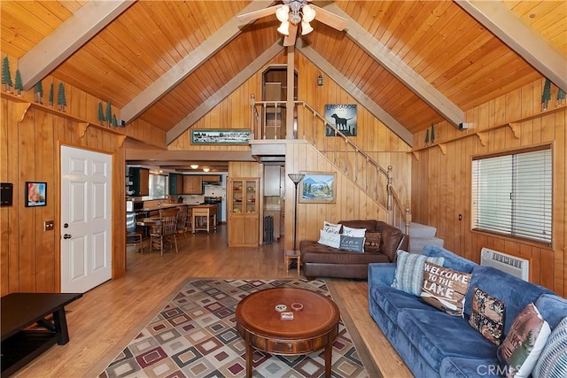 535 Pioneer Rd, Lake Arrowhead, CA 92352 - living area featuring wood walls, light wood-style flooring, a wooden ceiling with exposed beams, ceiling fan, and stairway