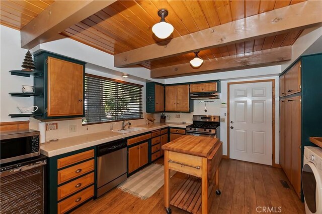 535 Pioneer Rd, Lake Arrowhead, CA 92352 - kitchen with appliances with stainless steel finishes, a wooden ceiling with exposed beams, washer / dryer, beverage cooler, and light wood-type flooring